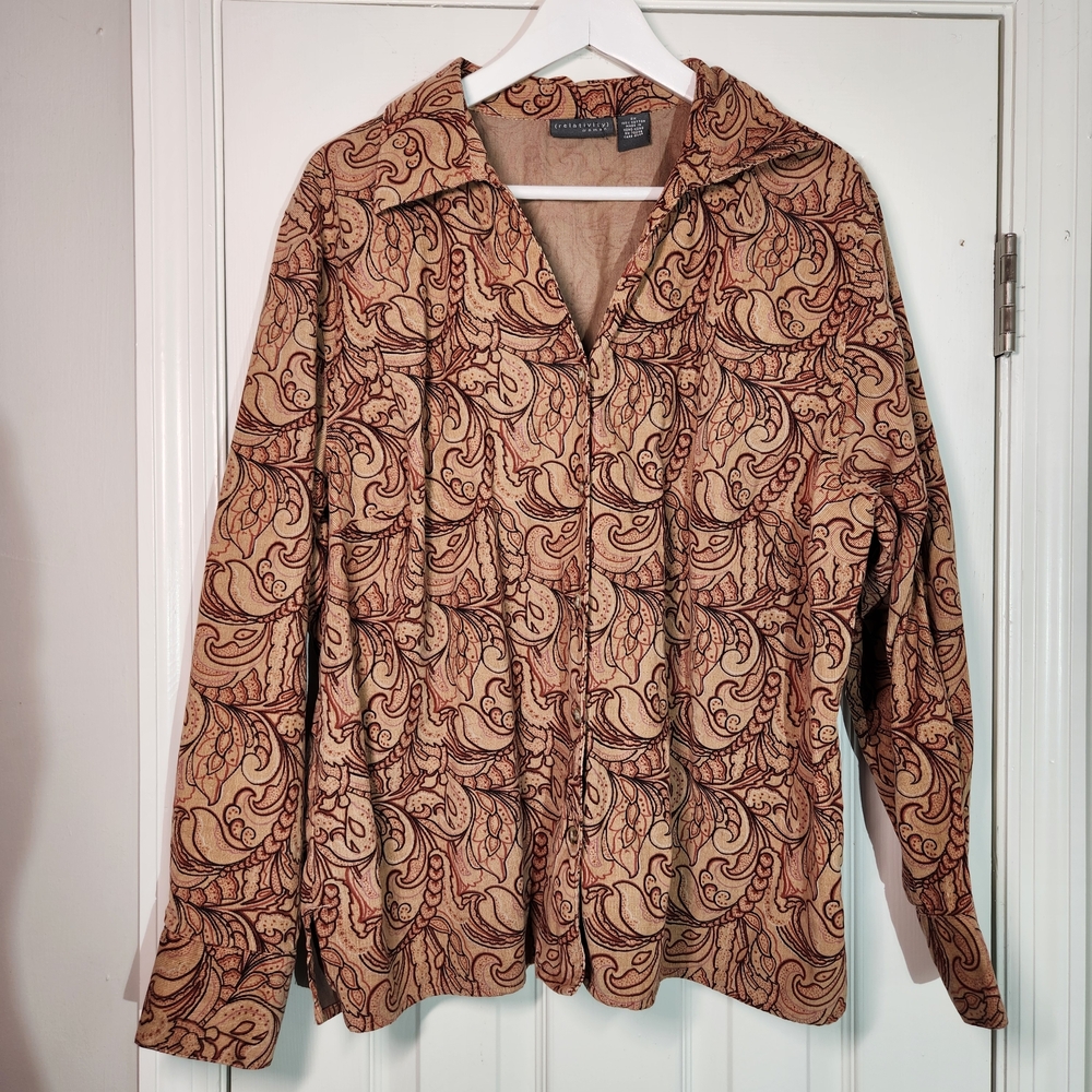 Relativity Corduroy Tan & Pink Button Up Blouse Womens 2X